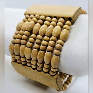 Boho Wooden Beaded Stretch Bracelet Wide Natural Wood Bangle